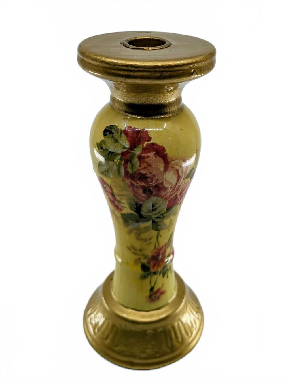 Vintage Floral Ceramic Candle Holder Gold Tone Rose Decor Taper Pillar Pedestal